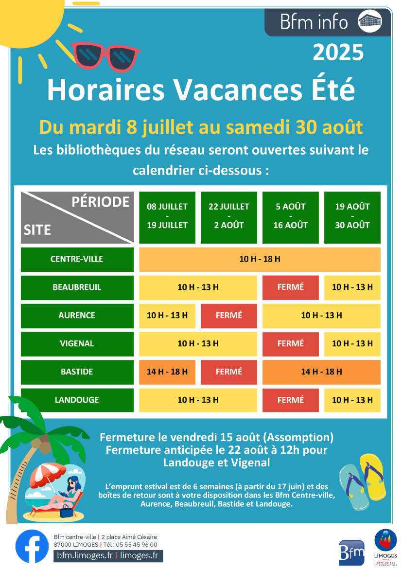 illsutration flyer horaires vacances d'été 2025 - Réseau Bfm