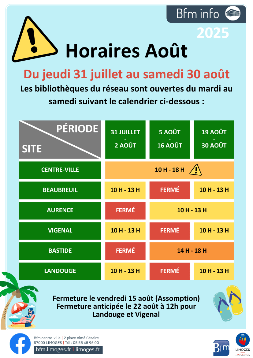 illustration flyer horaires vacances août 2025 - Réseau Bfm